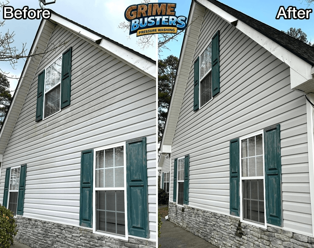 Before and after house siding pressure washing by Grime Busters